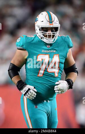 Miami Dolphins offensive tackle Liam Eichenberg (74) runs to the sidelines  during the first half of an NFL football game against the Houston Texans,  Sunday, Nov. 7, 2021, in Miami Gardens, Fla. (