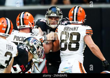 Atlanta Falcons linebacker Troy Andersen (44) works during the first half  of an NFL football game