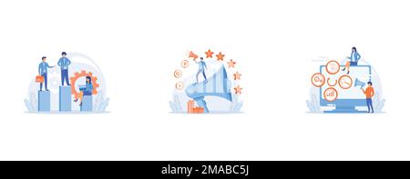 Business management, subordination, staff work organization, Customers attraction, business promotion, social media advertising, Tiny people managers Stock Vector