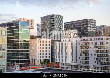 Rooftop view from Oslo Opera House to The Barcode Project office and apartment buildings in Bjorvika, central Oslo, Norway. Stock Photo