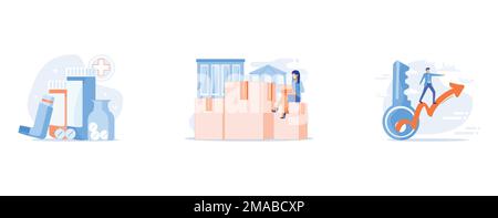 Pharmaceutical products, Relocation services, Business strategy planning, set flat vector modern illustration Stock Vector