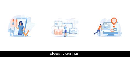 Taking orders by phone, store contact center, customers support, Statistical data research, company performance indicators, return on investment, Medi Stock Vector
