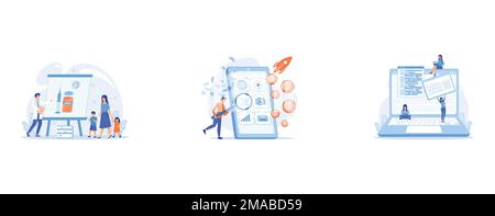 Immunity protection, preventive medicine, Digital marketing, e-commerce, A girl makes a post on big laptop, set flat vector modern illustration Stock Vector
