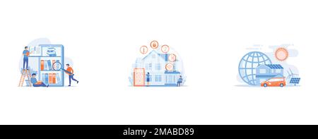 Tablet with bookshelves and students searching and reading information, Business people controlling smart house devices with tablet and laptop, Future Stock Vector