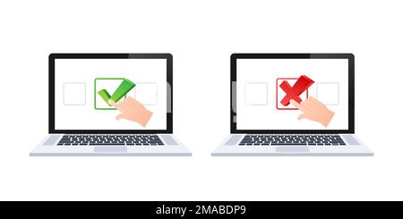 Cross and check marks on laptop screen. Wrong and right. Vector stock illustration. Stock Vector