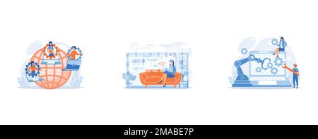 Colleagues business meeting, company internet webcast, Home office, remote work, Humans and cobot robotic arm collaborate at laptop fixing gears, set Stock Vector