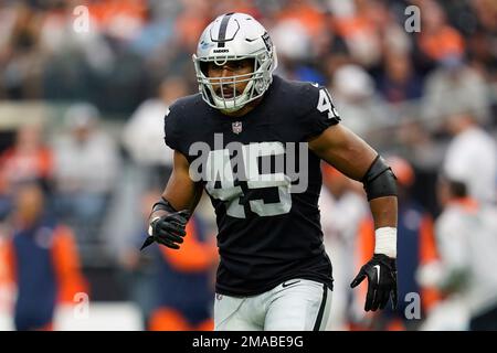 Las Vegas Raiders fullback Jakob Johnson (45) leaves the field against the  Indianapolis Colts during the