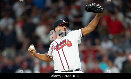 Atlanta Braves relief pitcher Kenley Jansen (74) is congratulated by  catcher Travis d'Arnaud (16) after earning a save during a MLB game against  the L Stock Photo - Alamy