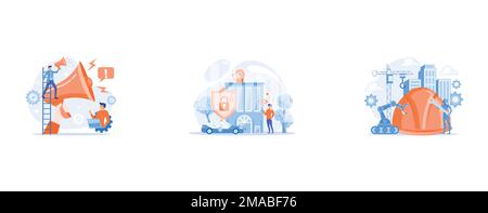 Businessman talk in megaphone with exclamation point, Safety measures, unauthorized access prevention, Robot with wrench and robotic arm at constructi Stock Vector