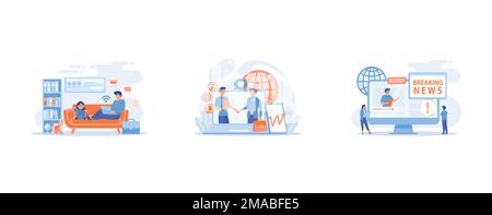 Freelancer with child working on laptop, Manager shakes hands with customer, strategy for interactions with client, Press, mass media, broadcasting st Stock Vector