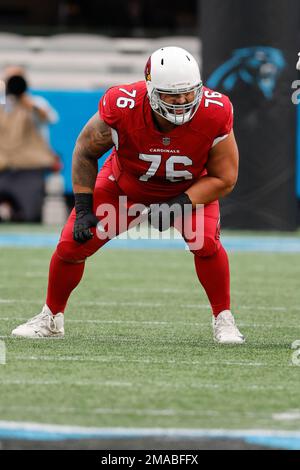 Arizona Cardinals guard Will Hernandez (76) wears a Mexico flag sticker on  his helmet prior to an NFL football game against the Carolina Panthers,  Sunday, Oct. 2, 2022, in Charlotte, N.C. (AP