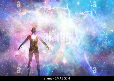 man silhouette and universe, soul searching, meditation, mindfulness and inner energy concept Stock Photo