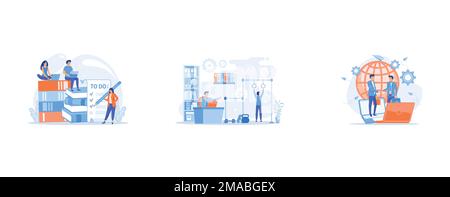 People feel in check boxes in to do list, Businessman working and exercising in fitness-friendly office, Businessmen shaking hands through laptop scre Stock Vector