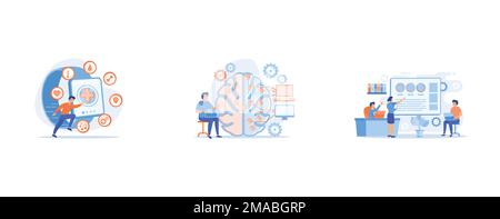 Runner uses smartwatch sport and health apps, Brain with digital circuit and programmer with laptop, Business team with laptops look at digital presen Stock Vector