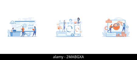 Software Engineer, Statistician, Visualizer and Analyst working on a project, User with laptop and smartphone synchronizing, Social media managers wor Stock Vector
