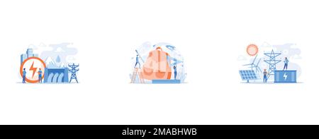 Engineers working at hydropower dam producing falling water energy, Students put pencil and ruler into backpack, Battery energy storage from renewable Stock Vector