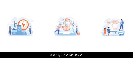 Engineers working at nuclear power plant reactors releasing energy, Trip planning, holiday vacation organization, Tiny people, teacher and kids in cam Stock Vector