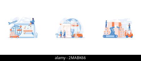 Customer choosing order delivery type, global distribution, International business partnership, global trade, Storehouse employees working, transporti Stock Vector