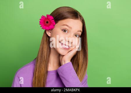 Photo of satisfied optimistic girl with straight hairdo dressed violet sweatshirt palm on cheekbone isolated on green color background Stock Photo