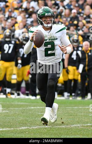 New York Jets quarterback Zach Wilson (2) looks to pass against the  Pittsburgh Steelers during the second half of an NFL football game, Sunday,  Oct. 2, 2022, in Pittsburgh. (AP Photo/Don Wright