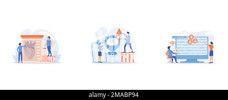Scientists growing big heart in test tube in laboratory, Doctor with magnifier and blood glucose testing meter, Hacker gathering target individuals se Stock Vector