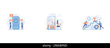 Voice assistant translating into foreign languages, User reading ebook on tablet and books, A man running up to the hand drawn stairs as a concept of Stock Vector