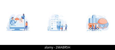 Professional chef holding dish on video and users watching food blog with recipes, Businessmen drinking take away coffee at huge paper coffee cup and Stock Vector