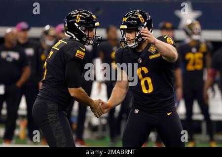 LANDOVER, MD - September 11: Washington Commanders place kicker Joey Slye (6)  warms up prior to the NFL game between the Jacksonville Jaguars and the  Washington Football Team on September 11, 2022