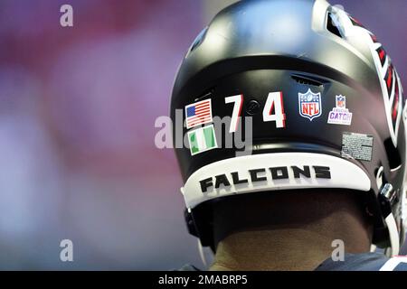 Atlanta Falcons guard Germain Ifedi (74) watches before a preseason NFL  football game against the Detroit Lions in Detroit, Friday, Aug. 12, 2022.  (AP Photo/Paul Sancya Stock Photo - Alamy