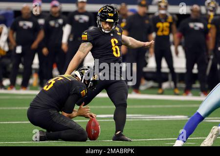 LANDOVER, MD - September 11: Washington Commanders place kicker Joey Slye (6)  warms up prior to the NFL game between the Jacksonville Jaguars and the  Washington Football Team on September 11, 2022