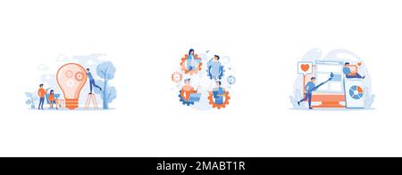 People working in friendly open space workplace, IT team members working as one mechanizm, People drawing web page elements on the smartphone and LCD Stock Vector