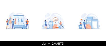 Designer team working on new clothes collection and piece of cloth on mannequin, Tiny people, healthy sportsman with organic food high in calcium, Dai Stock Vector