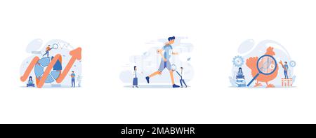 People recording analytics data of the IT project identifying business needs and determining solutions to business problems, Athlete running and tiny Stock Vector
