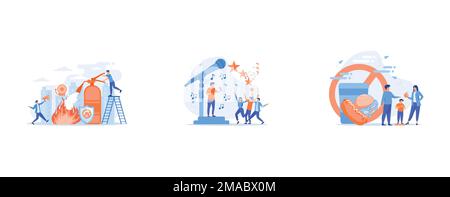 Firefighter extinguishing flame character, news, interviews, music, voice acting, sound recording on the radio into a microphone, teamwork,a group of Stock Vector