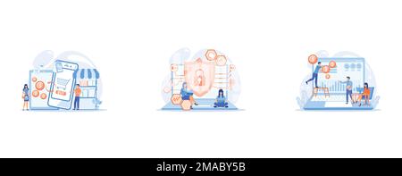 New and used gadget exchange, Privacy engineer at laptop with shield improving level of systems privacy, Tiny business people and analysts transformin Stock Vector
