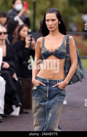 Bella Hadid Wears Crop Top and Low-Rise Pants in Paris