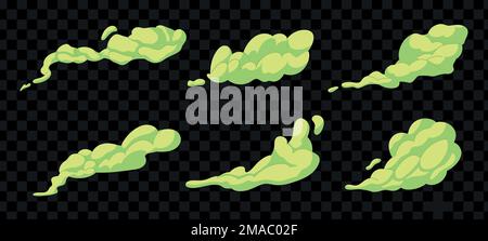 Stinky smoke samples set. Green smelly toxic clouds in cartoon style. Bad aroma stench. Vector isolated illustration Stock Vector