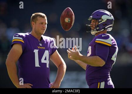 Minnesota Vikings punter Ryan Wright (14) celebrates after a play during an  NFL football game against the New Orleans Saints at Tottenham Hotspur  Stadium, Sunday, Oct. 2, 2022, in London. The Minnesota