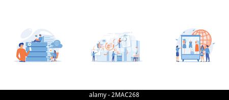 Internet users with proxy server using big data, Workforce organization and management, Recyclable and eco textile, set flat vector modern illustratio Stock Vector