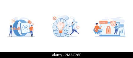 Users listening and huge smartwatch with player icon, Brain with bulb and user jumps carrying cup, Developers work on cyber security program, set flat Stock Vector