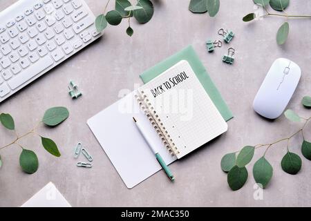 Back to school overhead shot. Eucalyptus twigs, keyboard, computer mouse and stationary on neutral beige, pale yellow stone tabletop. Flat lay, top Stock Photo