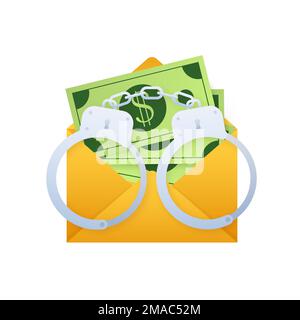 Handcuffs with envelope of money. Dishonest Money. Anti corruption concept. sign, label. Vector stock illustration Stock Vector
