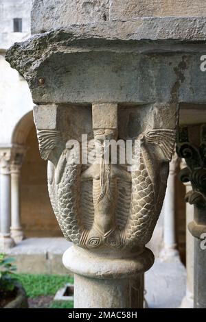 Capital of the two-tailed Mermaids at The Cloister of Sant Pere de Galligants.Romanesque Monastery Girona (at the Museum of Archaeology Girona) Stock Photo