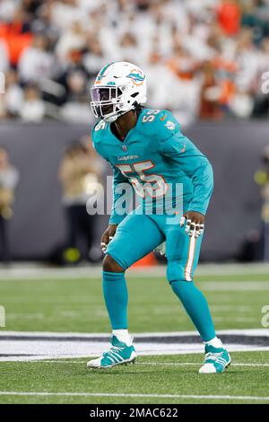 Miami Dolphins linebacker Jerome Baker (55) on the sidelines as