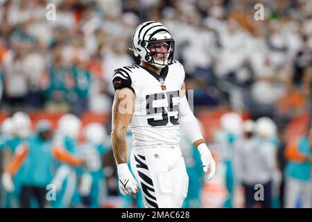 Cincinnati Bengals linebacker Logan Wilson (55) in coverage during an NFL  football game against the New