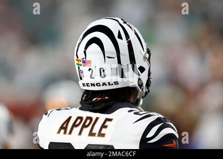 CINCINNATI, OH - SEPTEMBER 12: A Cincinnati Bengals helmet is shown with a  9/11 memorial ribbon decal during the game against the Minnesota Vikings  and the Cincinnati Bengals on September 12, 2021