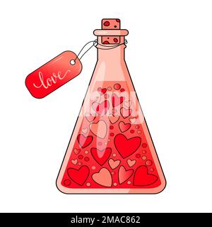 Chemistry flask with hearts and love poison valentines day icon isolated on white background. Stock Vector