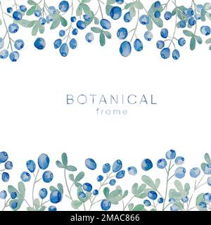 Watercolor wild berries frame. Hand drawn floral card design with natural elements blueberry branches and leaves. Stock Vector