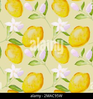 Seamless pattern with hand drawn blooming lemon tree branches and lemons Stock Vector