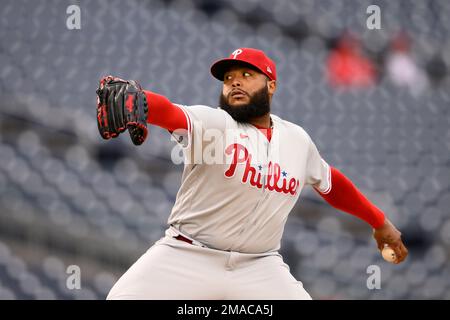 Philadelphia Phillies relief pitcher Jose Alvarado (46) in action during  the first baseball game of a